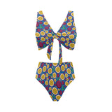 Passion fruit blue background Chest Bowknot High Waisted Bikini Swimsuit