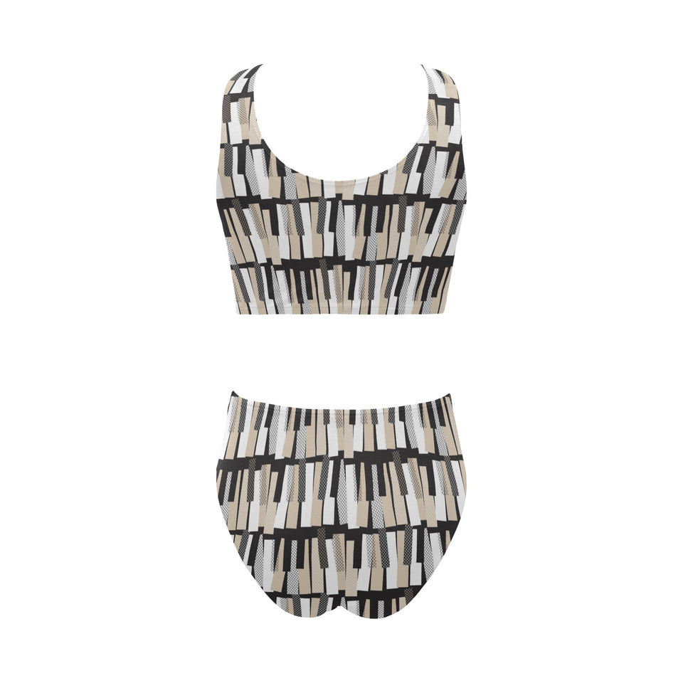 Piano Pattern Print Design 04 Chest Bowknot High Waisted Bikini Swimsuit