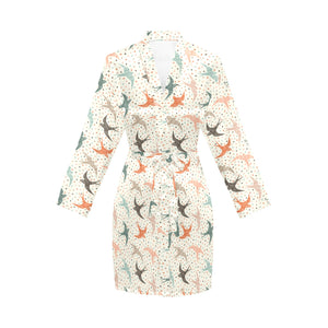 Swallow Pattern Print Design 02 Women's Long Sleeve Belted Night Robe