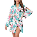 Toucan tropical flower leave pattern Women's Long Sleeve Belted Night Robe
