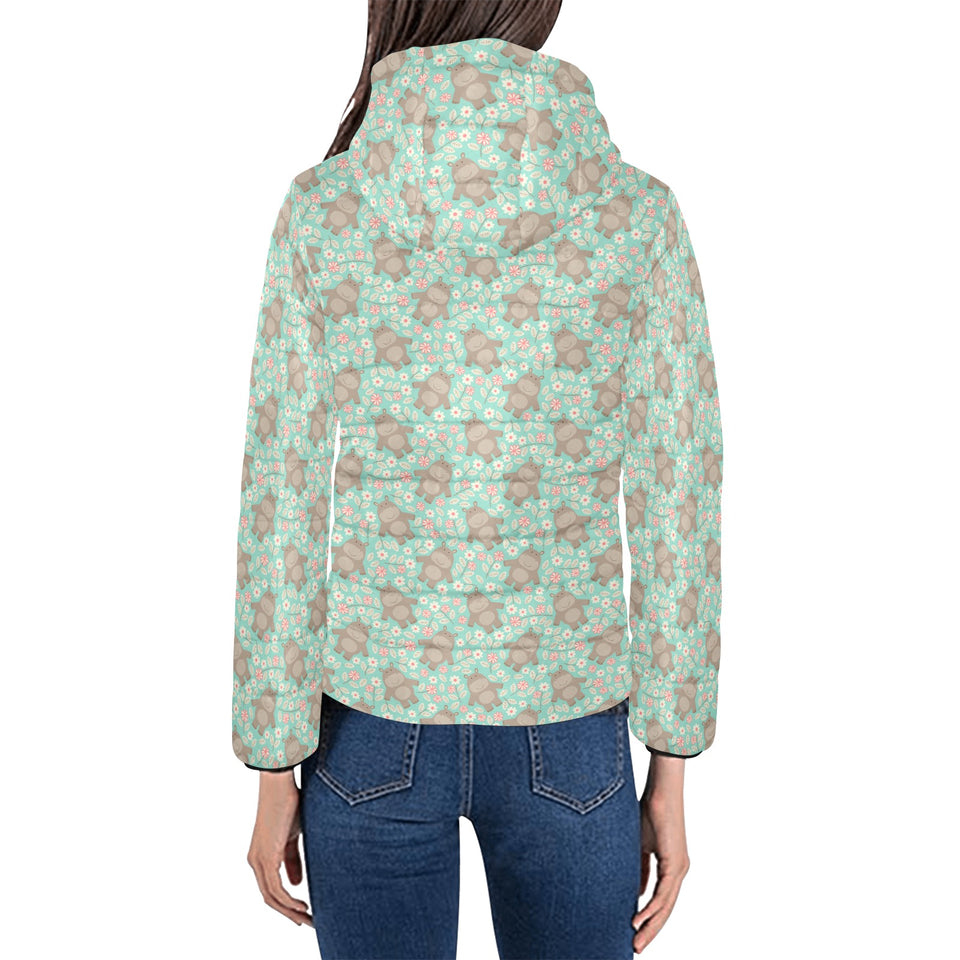 Hippopotamus Pattern Print Design 02 Women's Padded Hooded Jacket