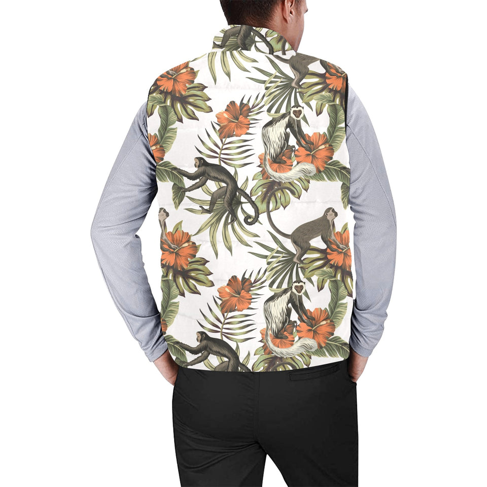 Monkey red hibiscus flower palm leaves floral patt Men's Padded Vest