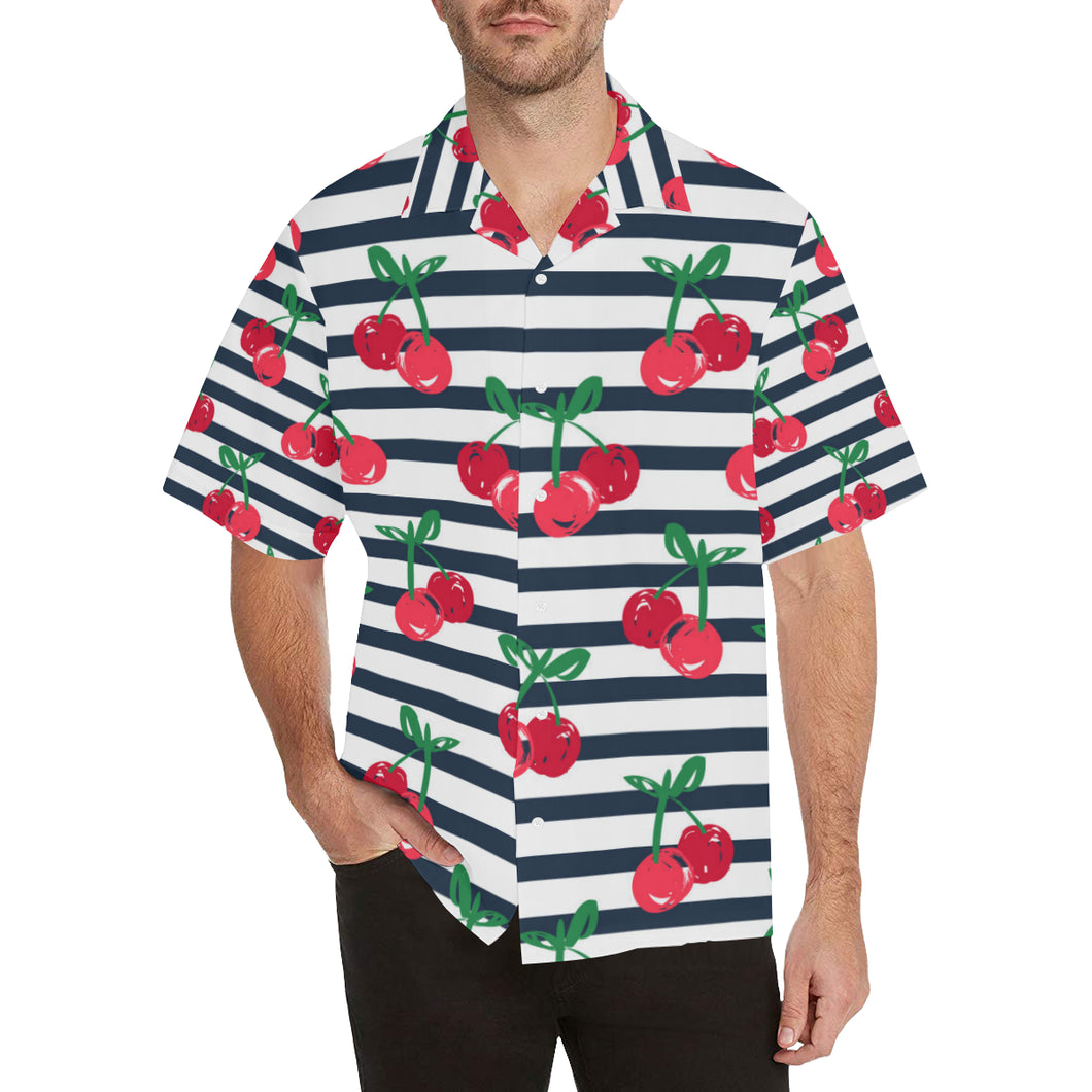 Hand drawn cherry pattern striped background Men's All Over Print Hawaiian Shirt