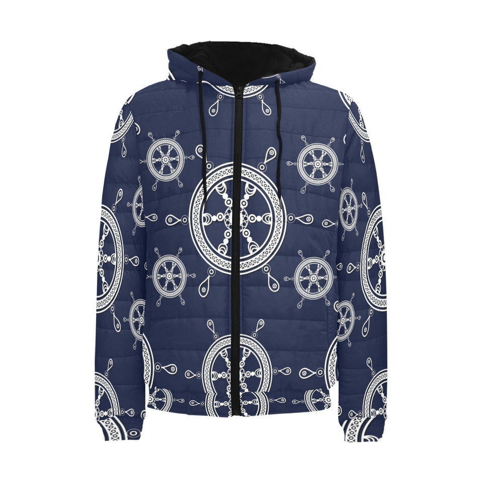 nautical steering wheel design pattern Men's Padded Hooded Jacket