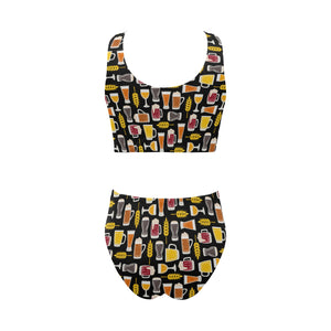 Beer type pattern Chest Bowknot High Waisted Bikini Swimsuit