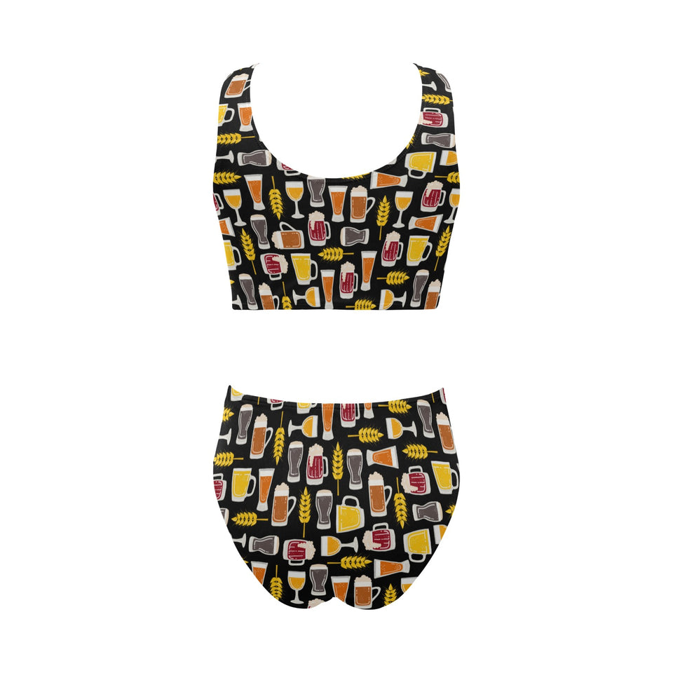 Beer type pattern Chest Bowknot High Waisted Bikini Swimsuit