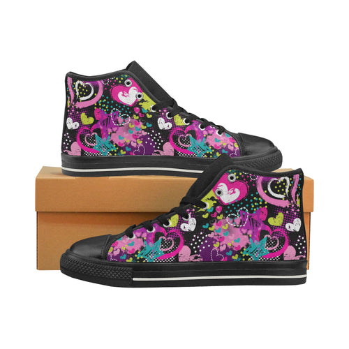 heart dot wave star creative design pattern Women's High Top Canvas Shoes Black