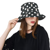 Cute white rabbit polka dots black background Unisex Bucket Hat