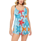 Blue red orange starfish pattern Chest Sexy Pleated Two Piece Swim Dress