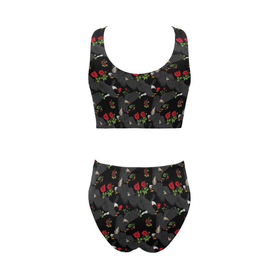 Eagle Pattern Print Design 04 Chest Bowknot High Waisted Bikini Swimsuit