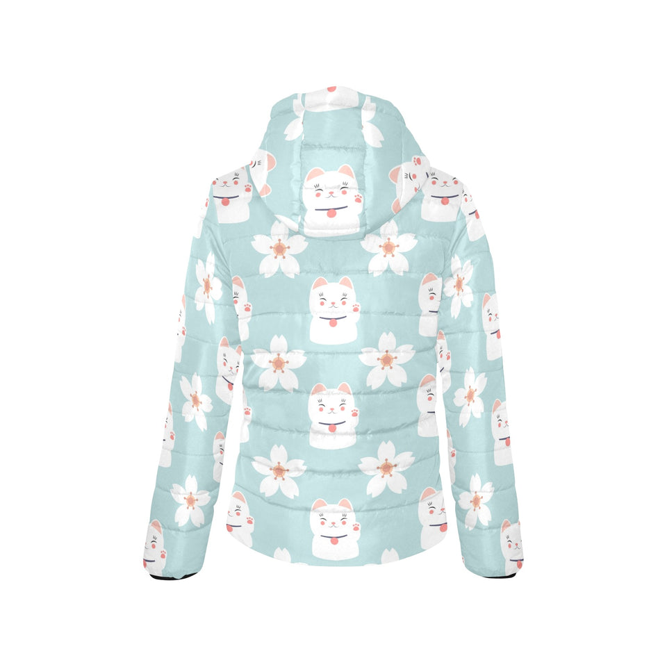 Maneki neko cat sakura Women's Padded Hooded Jacket