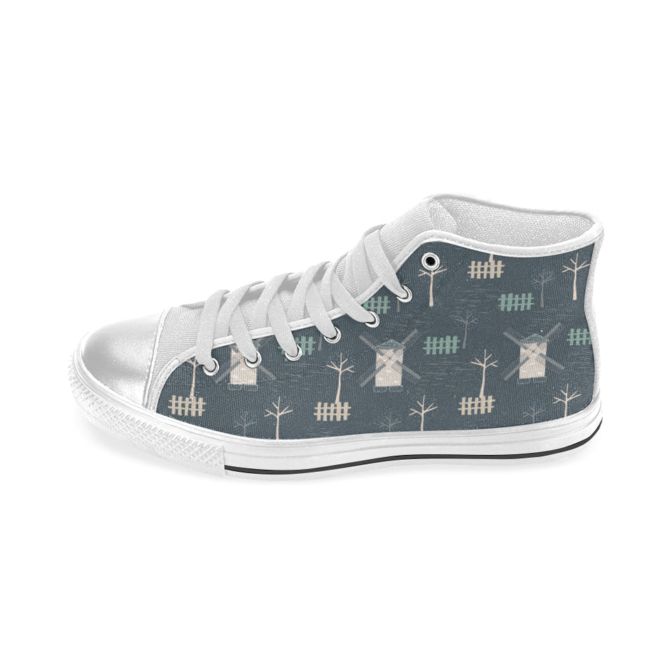 windmill tree pattern Women's High Top Canvas Shoes White