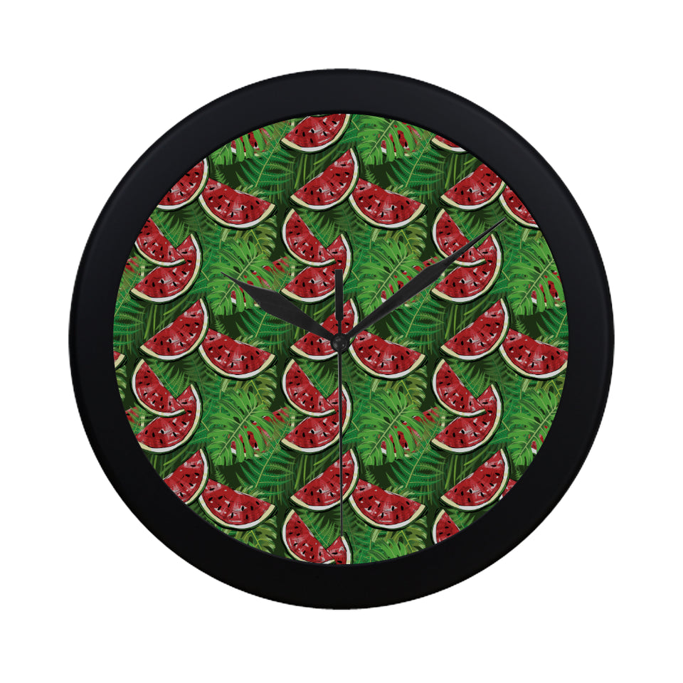 Watermelons tropical palm leaves pattern backgroun Elegant Black Wall Clock