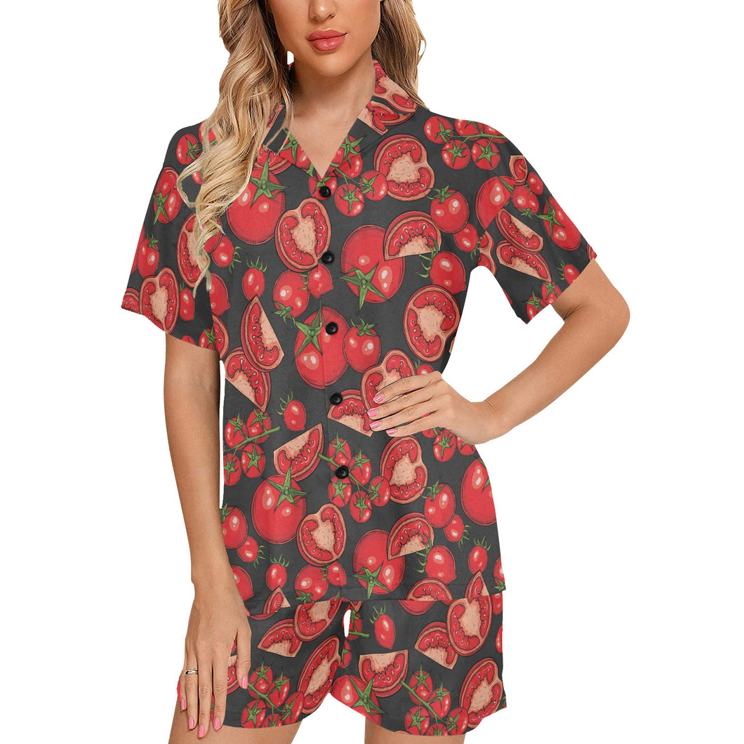 Tomato black background Women's V-Neck Short Pajama Set