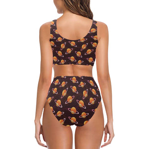 Hamburger Pattern Print Design 05 Chest Bowknot High Waisted Bikini Swimsuit