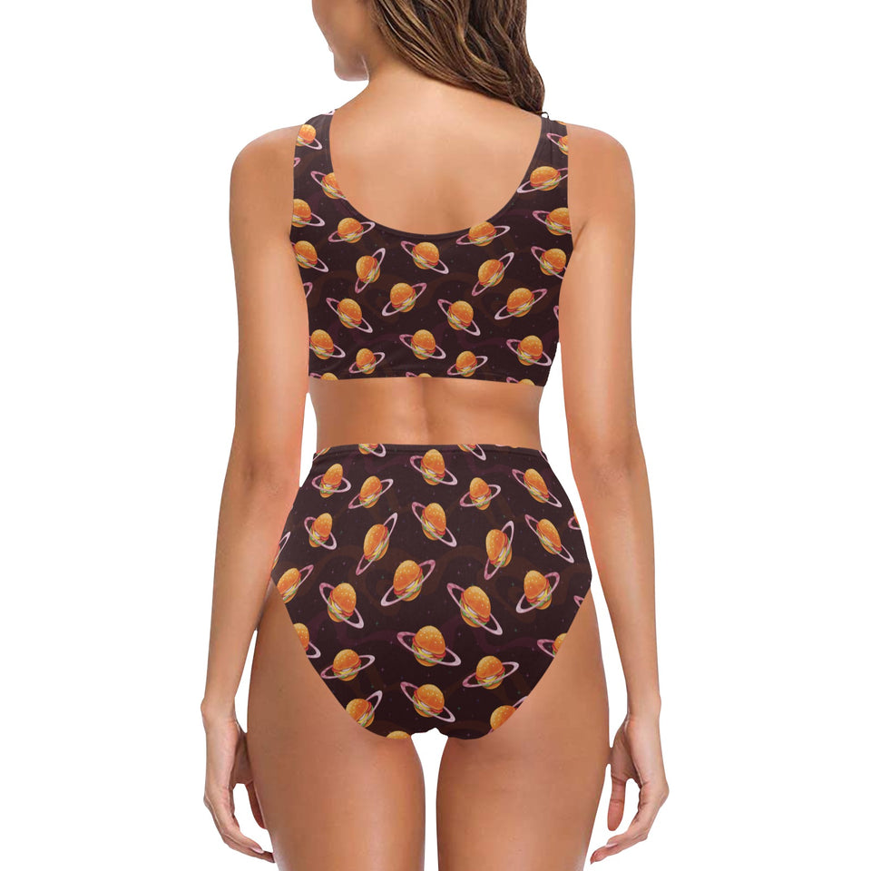 Hamburger Pattern Print Design 05 Chest Bowknot High Waisted Bikini Swimsuit