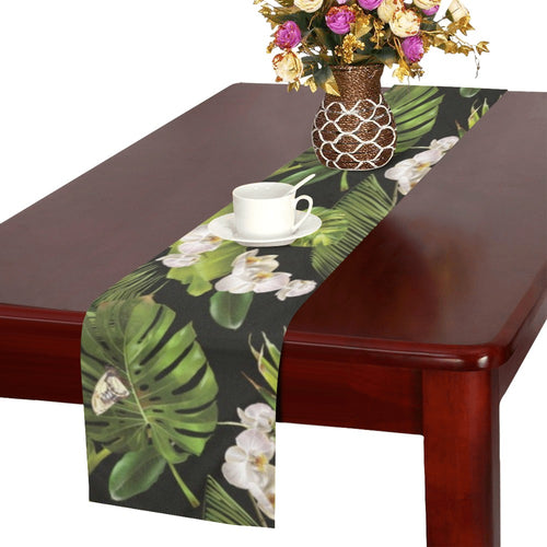 White orchid flower tropical leaves pattern blackg Table Runner