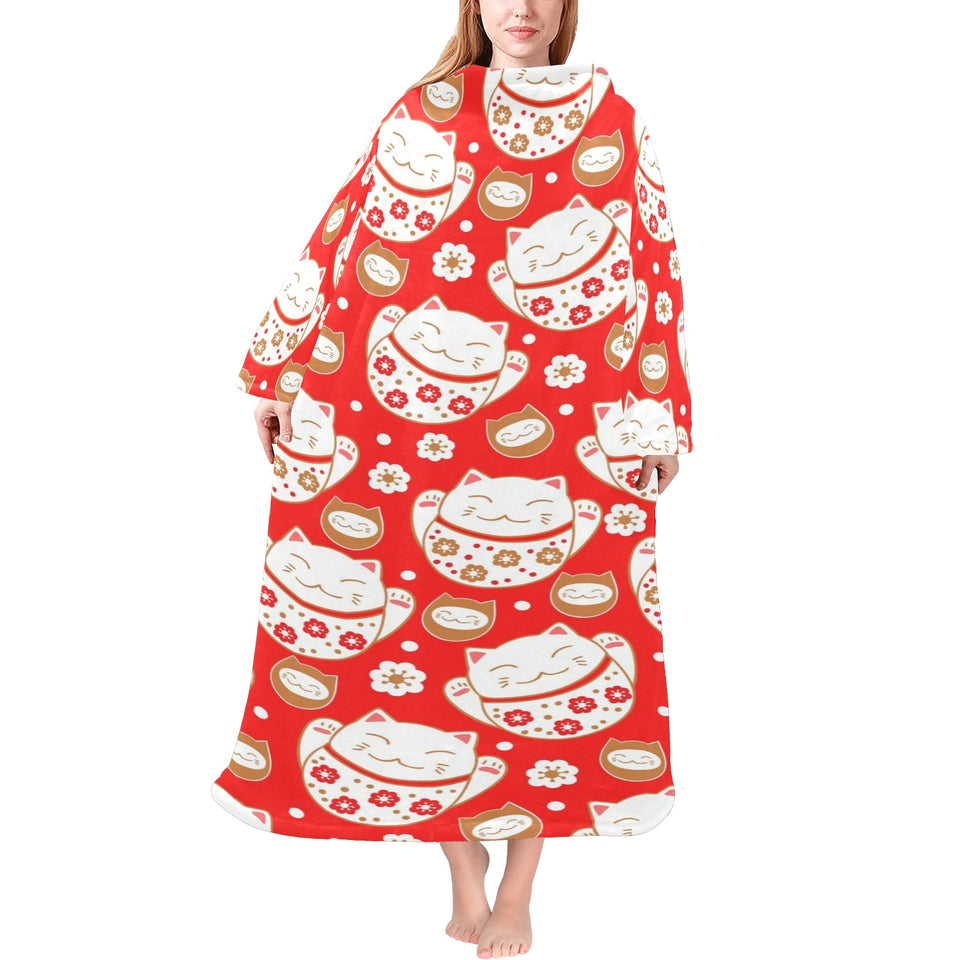 Cute Maneki neko cat red background Blanket Robe with Sleeves