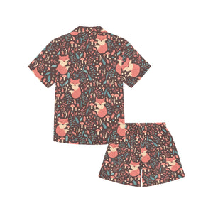 fox leaves mushroom pattern Kids' Boys' Girls' V-Neck Short Pajama Set