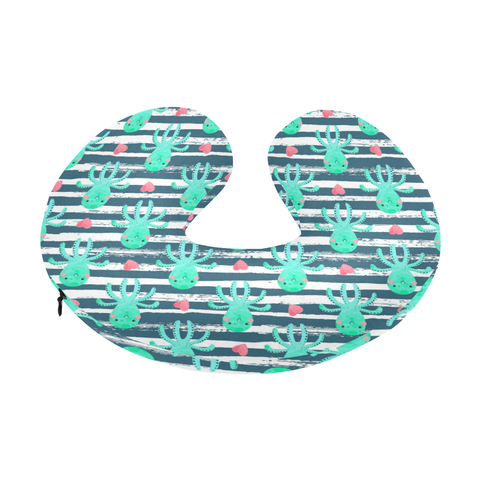 Cute octopuses heart striped background U-Shaped Travel Neck Pillow