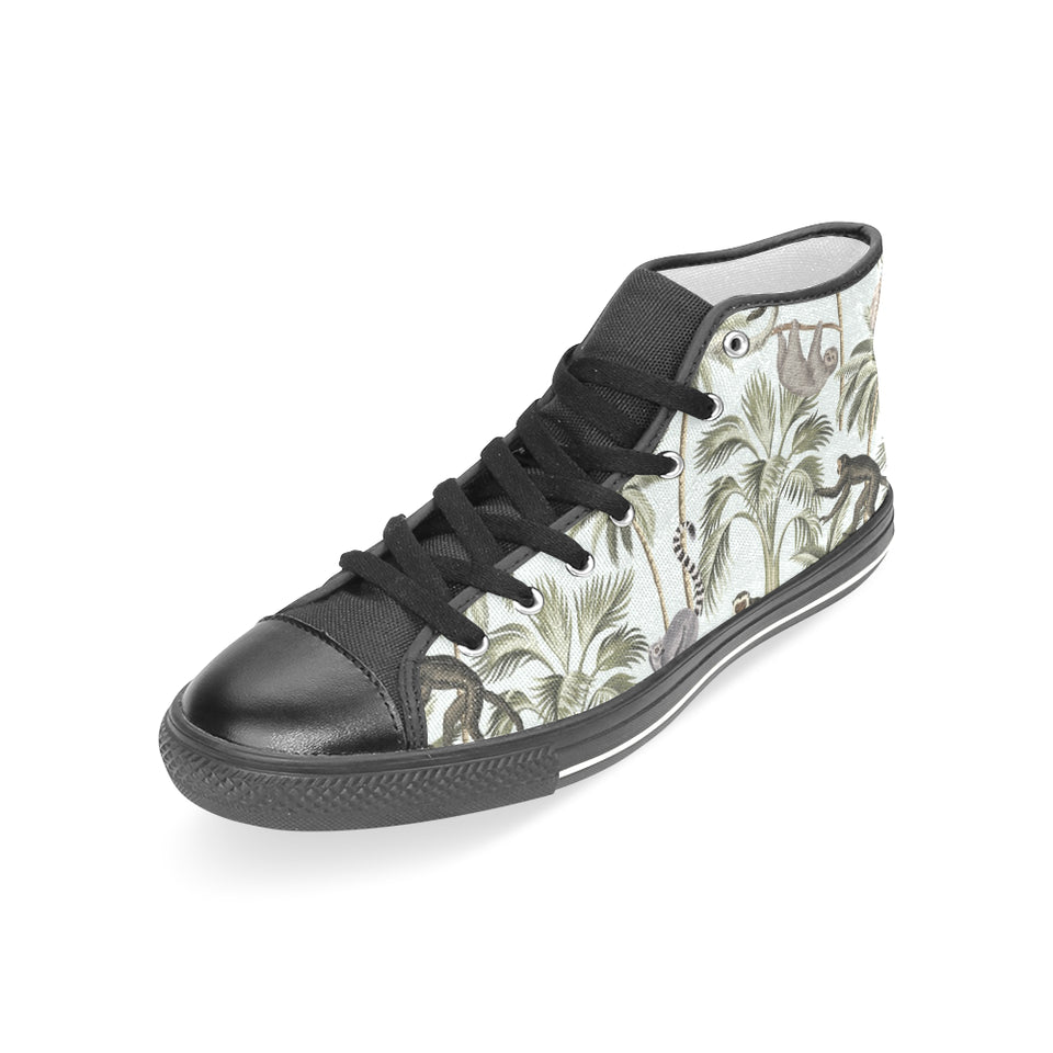 Monkey sloth lemur palm trees pattern Women's High Top Canvas Shoes Black