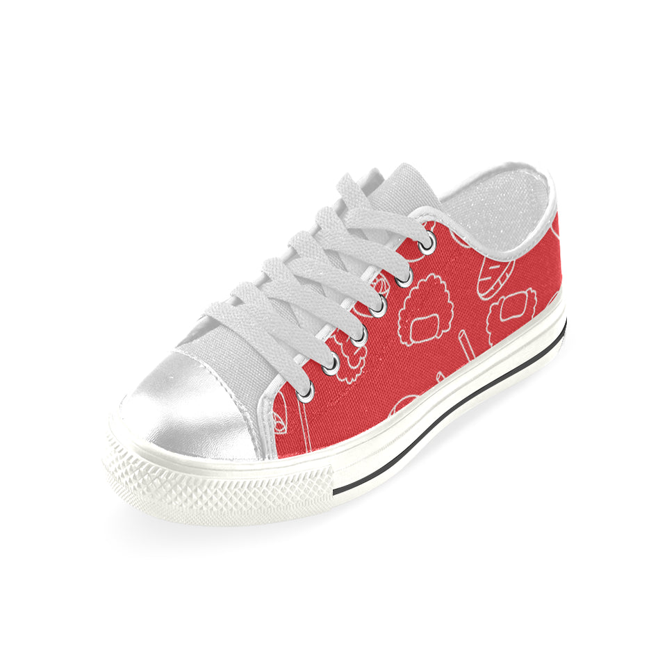 sushi pattern red background Women's Low Top Canvas Shoes White
