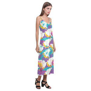 Colorful crow illustration pattern V-Neck Open Fork Long Dress