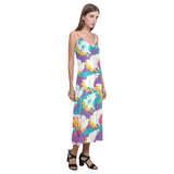 Colorful crow illustration pattern V-Neck Open Fork Long Dress