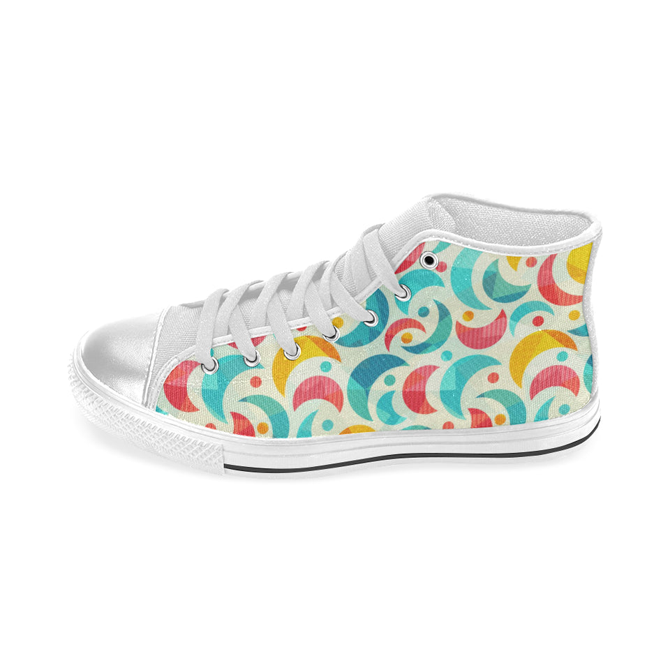 Colorful moon pattern Women's High Top Canvas Shoes White