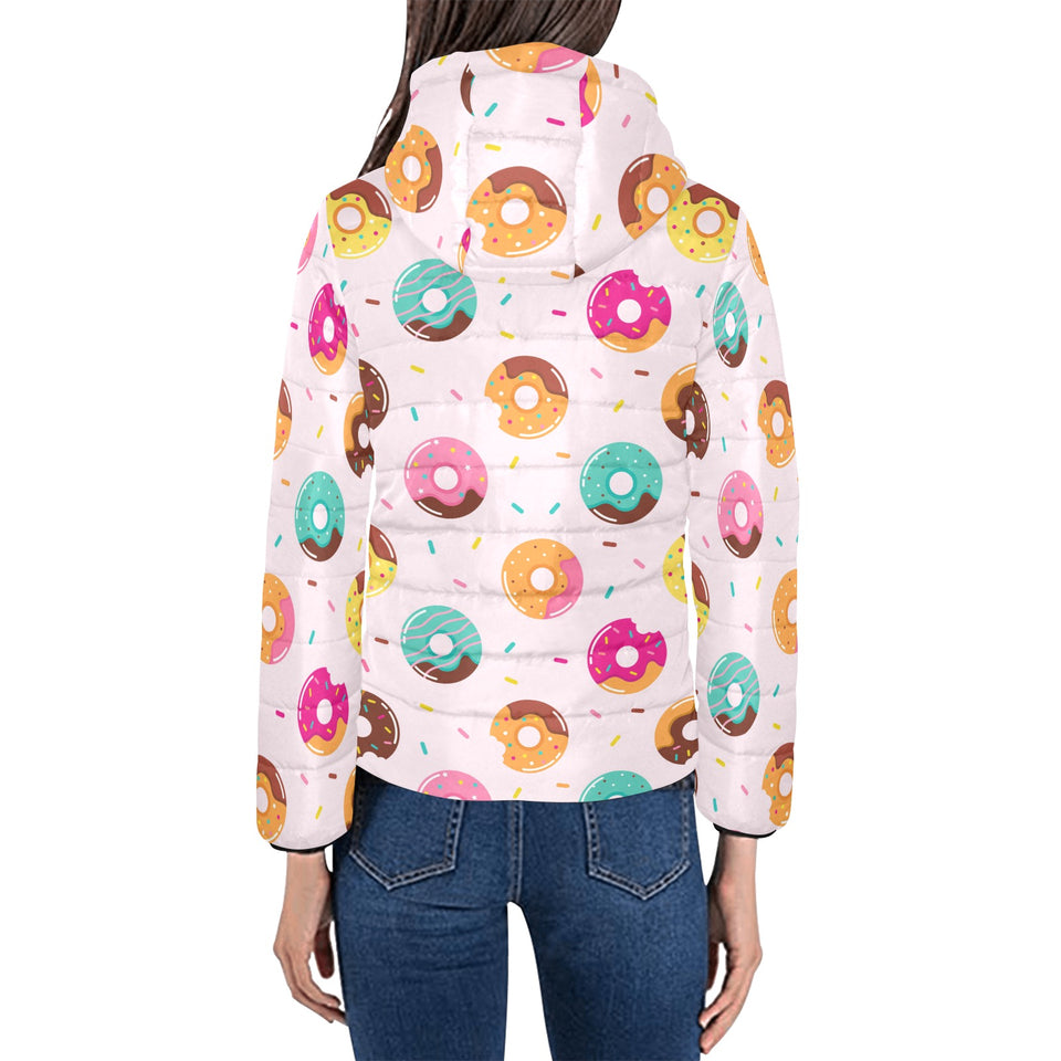Donut pattern glaze pink background Women's Padded Hooded Jacket