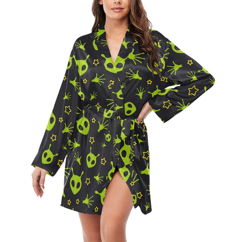 Alien Pattern Print Design 02 Women's Long Sleeve Belted Night Robe