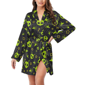 Alien Pattern Print Design 02 Women's Long Sleeve Belted Night Robe