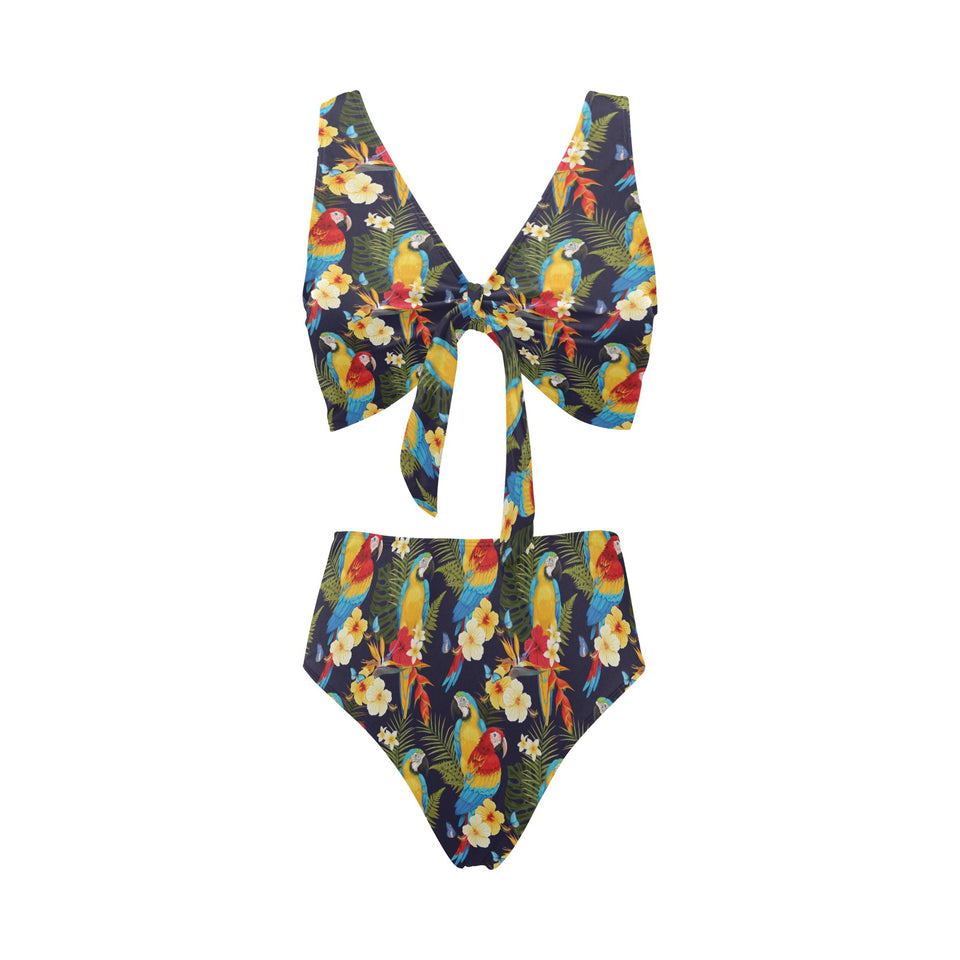 Colorful parrot flower pattern Chest Bowknot High Waisted Bikini Swimsuit