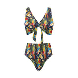 Colorful parrot flower pattern Chest Bowknot High Waisted Bikini Swimsuit
