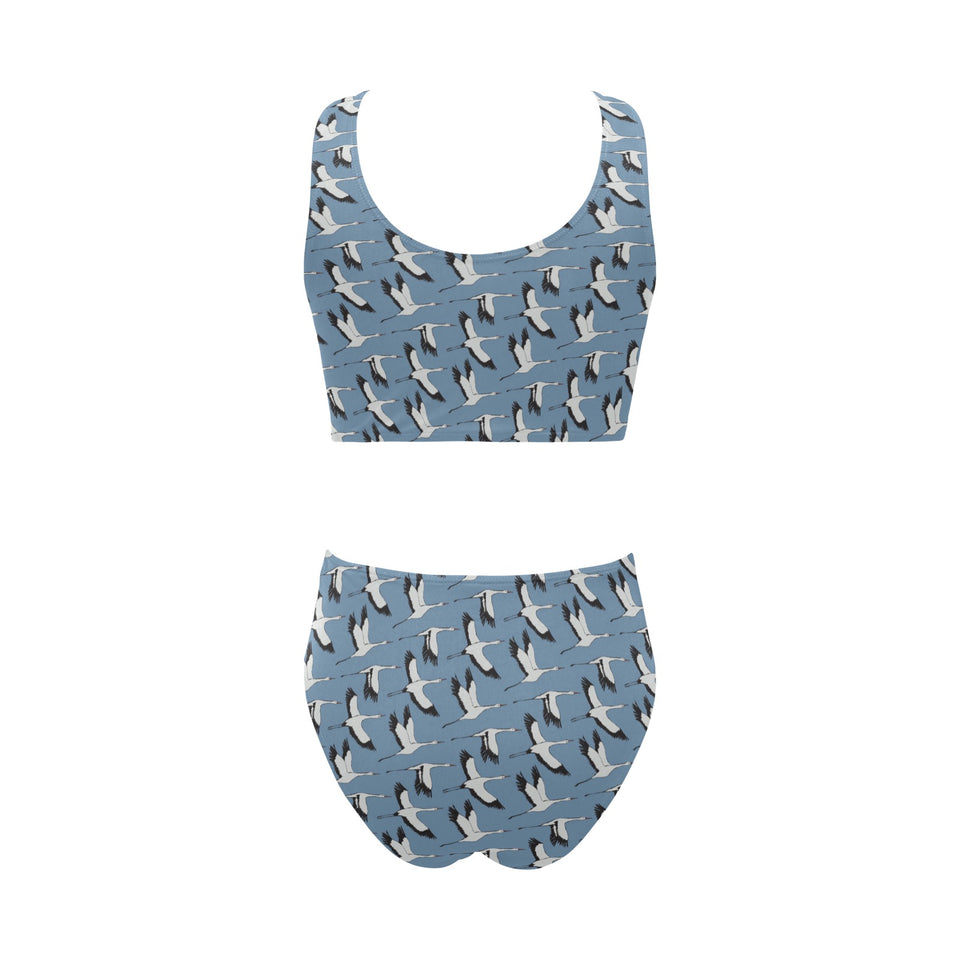 Seagull Pattern Print Design 04 Chest Bowknot High Waisted Bikini Swimsuit