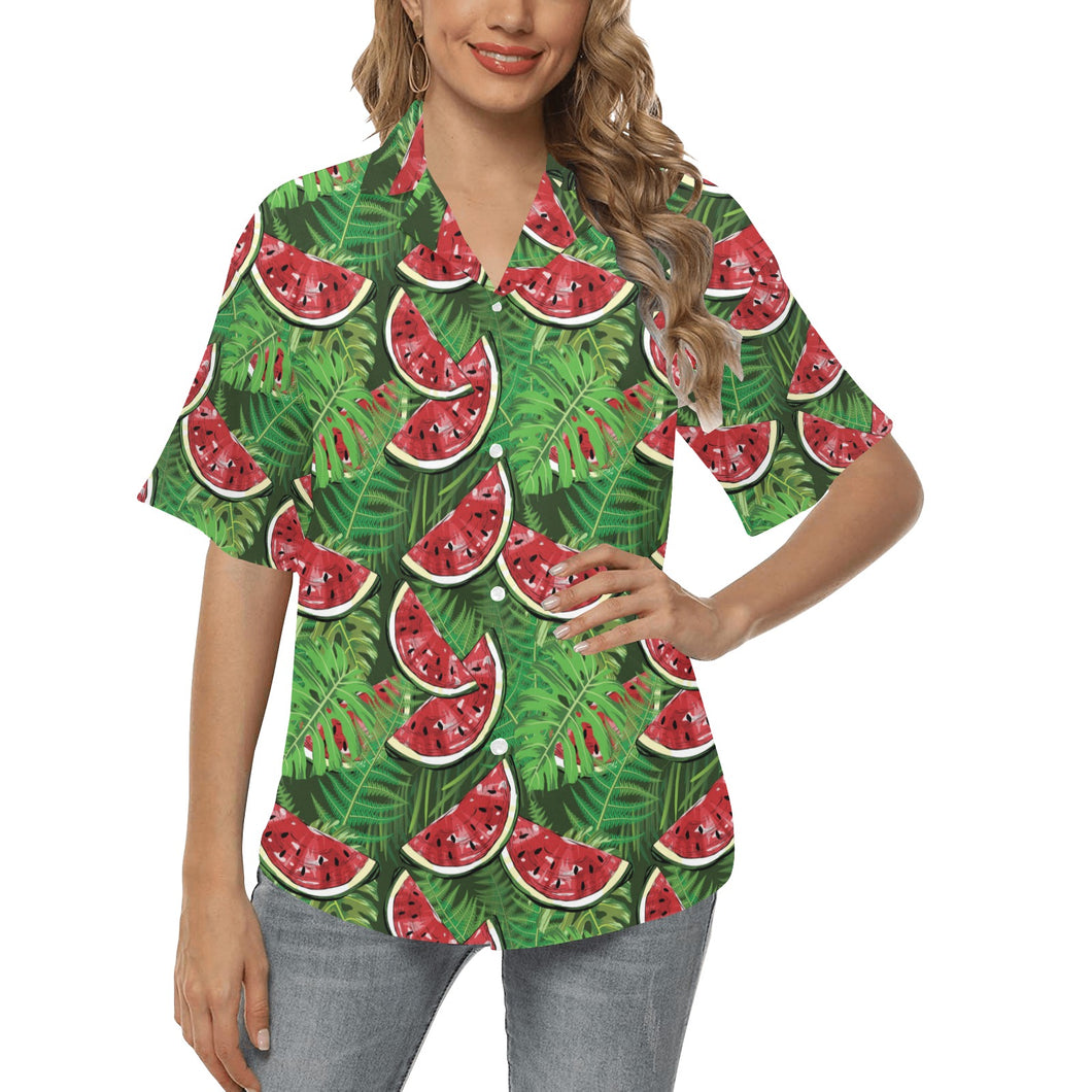 Watermelons tropical palm leaves pattern backgroun Women's All Over Print Hawaiian Shirt