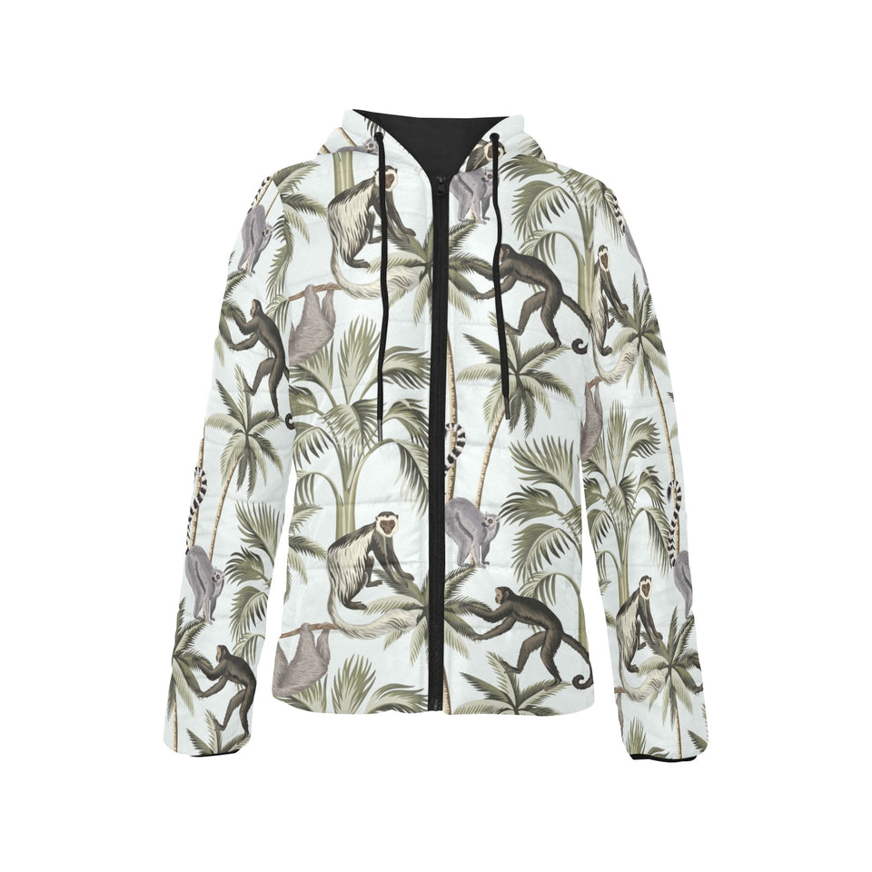Monkey sloth lemur palm trees pattern Women's Padded Hooded Jacket