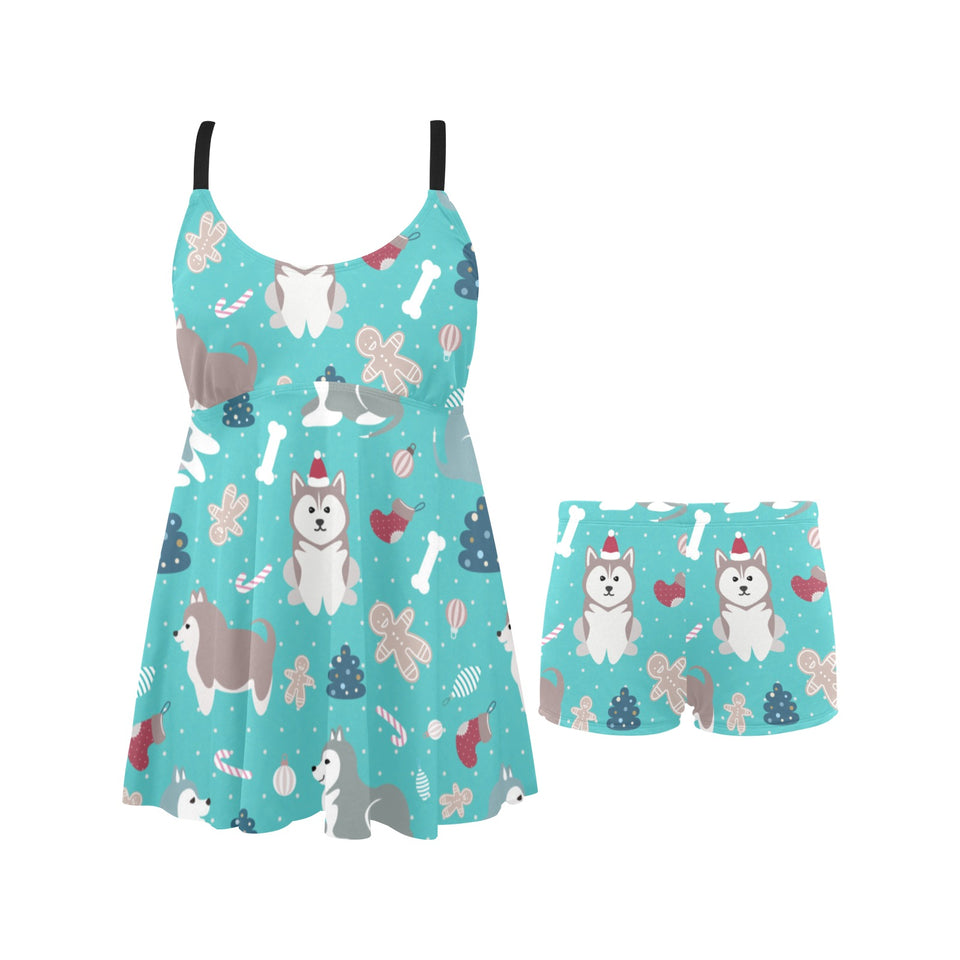 Christmas cute siberian husky puppie pattern Chest Sexy Pleated Two Piece Swim Dress