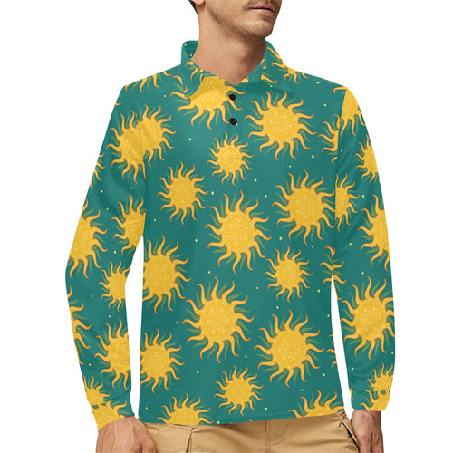Sun green background Men's Long Sleeve Polo Shirt