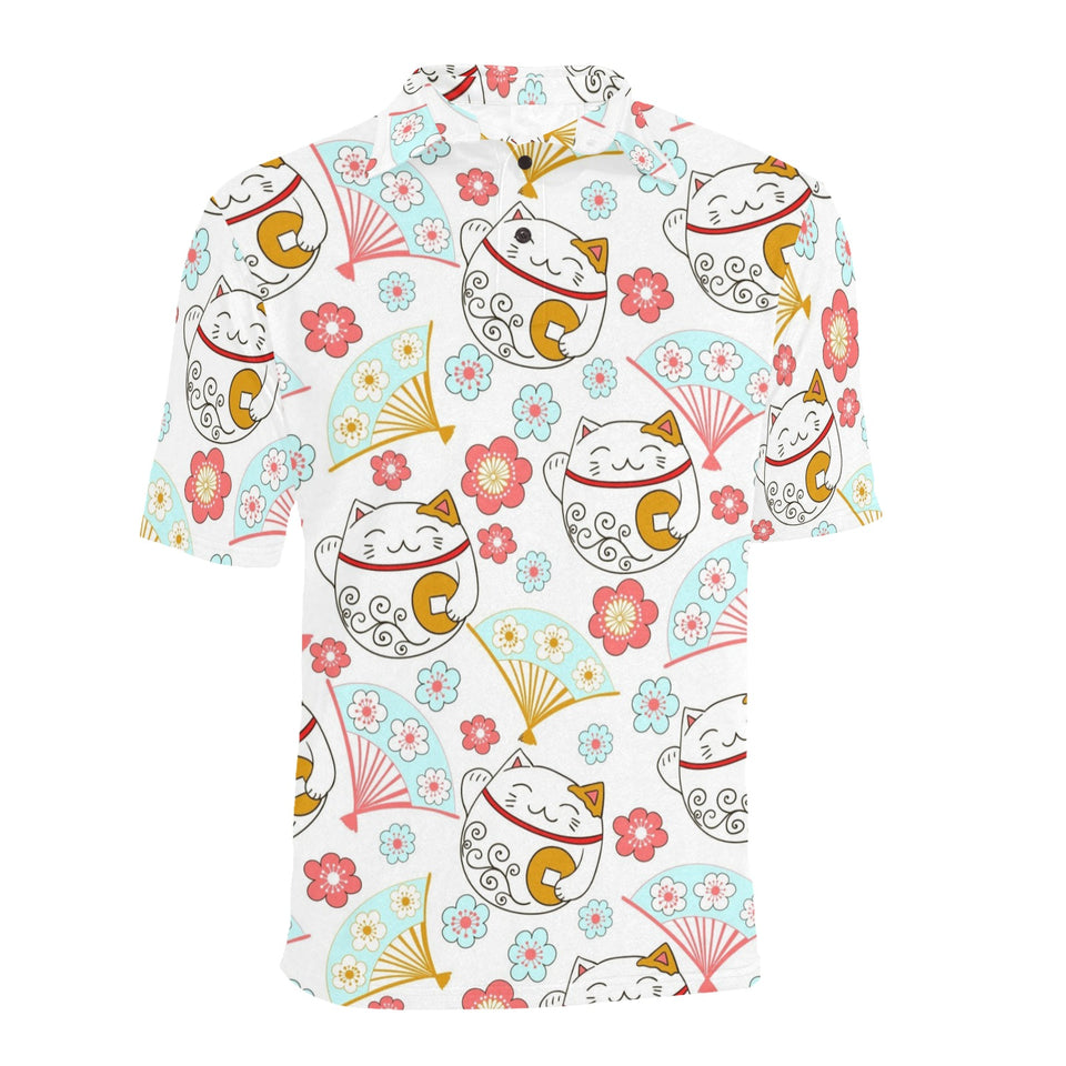 Maneki neko cat fan sakura Men's All Over Print Polo Shirt