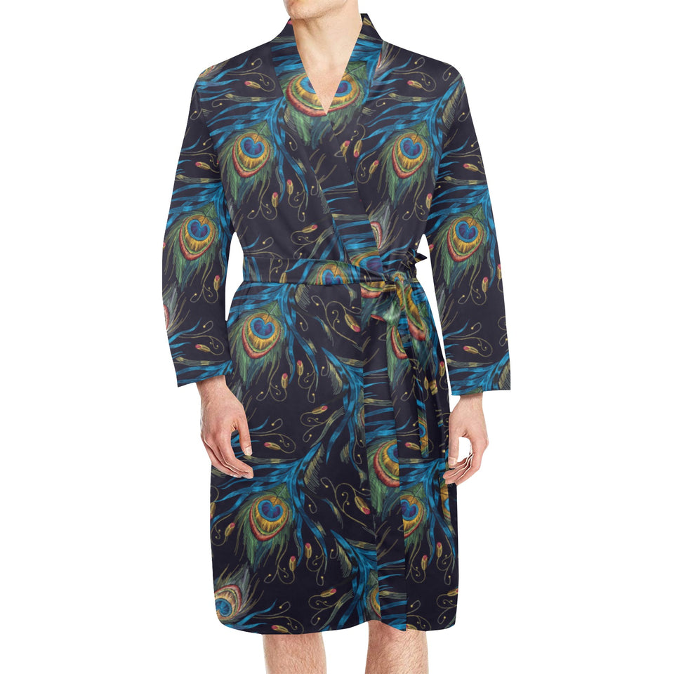 Beautiful peacock feather pattern Men's Long Sleeve Belted Night Robe