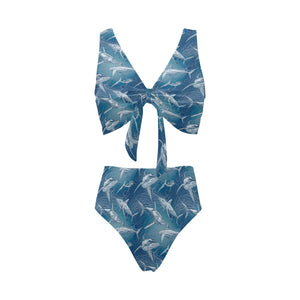 Shark hand drawn Chest Bowknot High Waisted Bikini Swimsuit