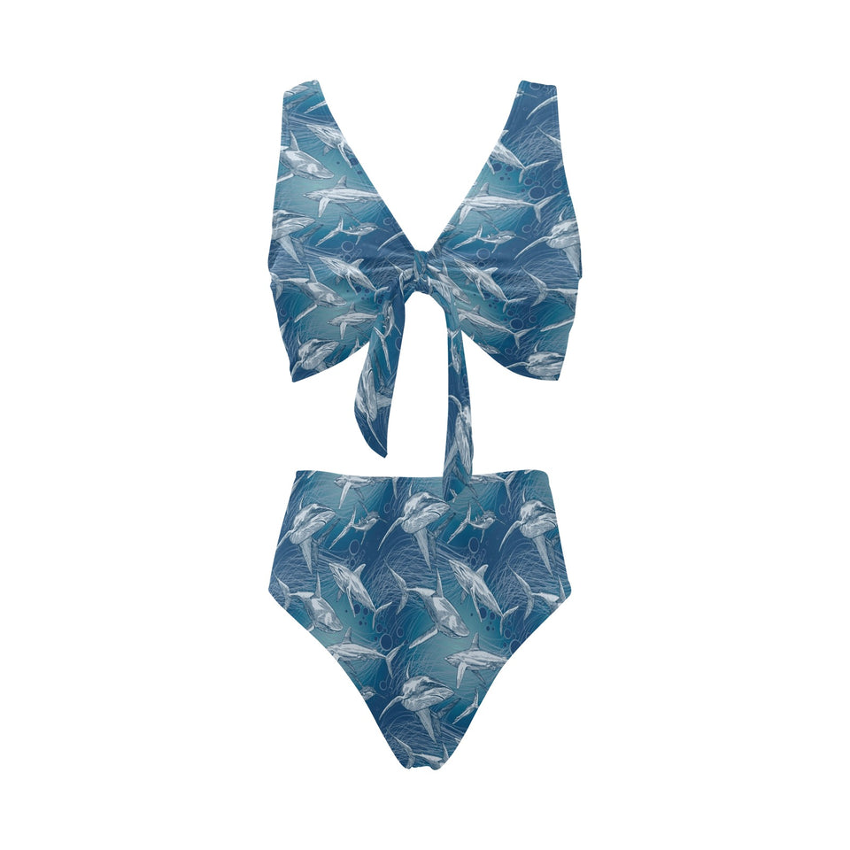 Shark hand drawn Chest Bowknot High Waisted Bikini Swimsuit