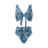 Shark hand drawn Chest Bowknot High Waisted Bikini Swimsuit