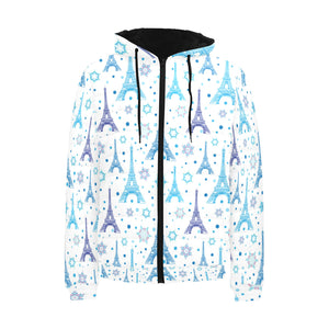 Blue Eiffel Tower Theme Pattern Print Design 01 Men's Padded Hooded Jacket