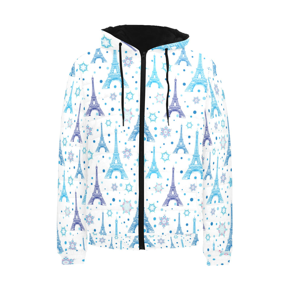 Blue Eiffel Tower Theme Pattern Print Design 01 Men's Padded Hooded Jacket