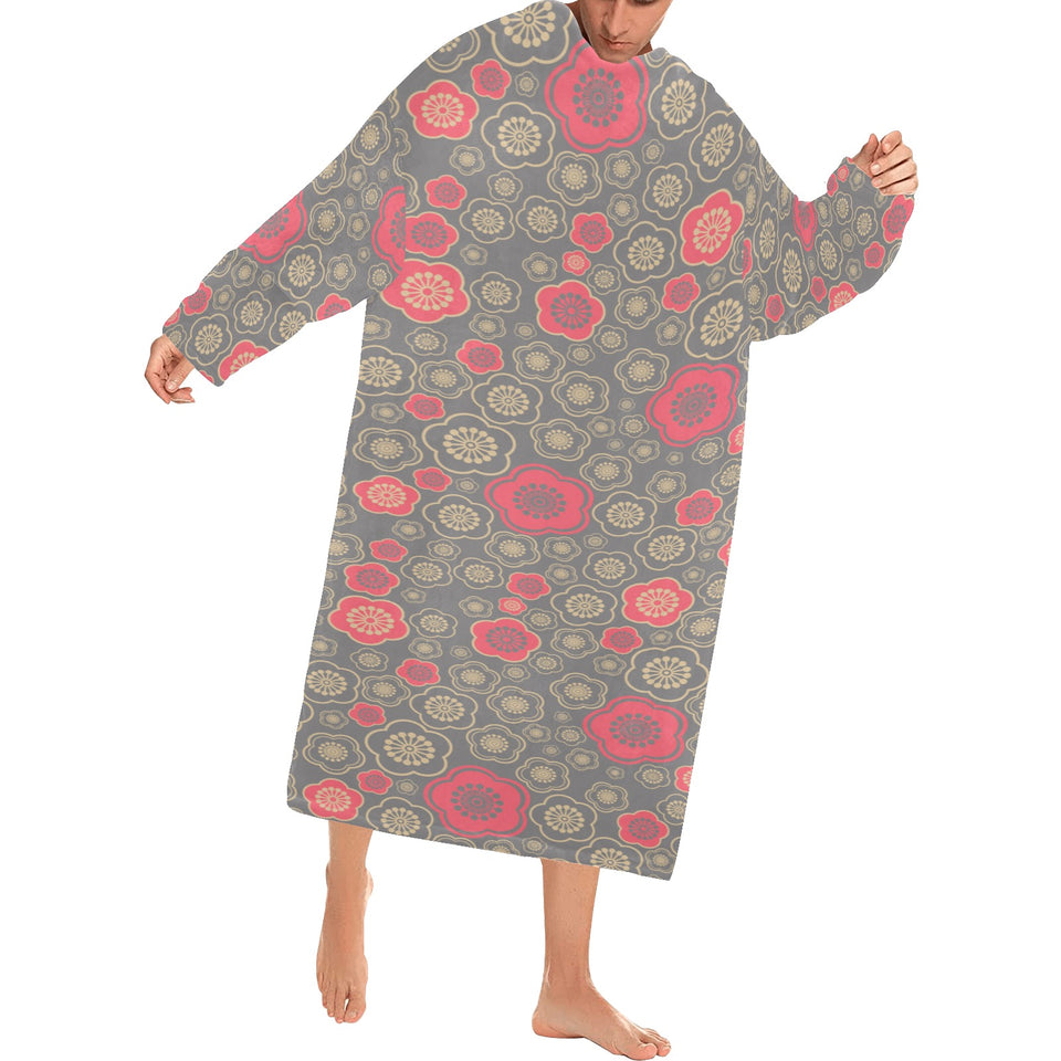 Red gold Sakura cherry blossom gray background Blanket Robe with Sleeves