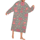 Red gold Sakura cherry blossom gray background Blanket Robe with Sleeves