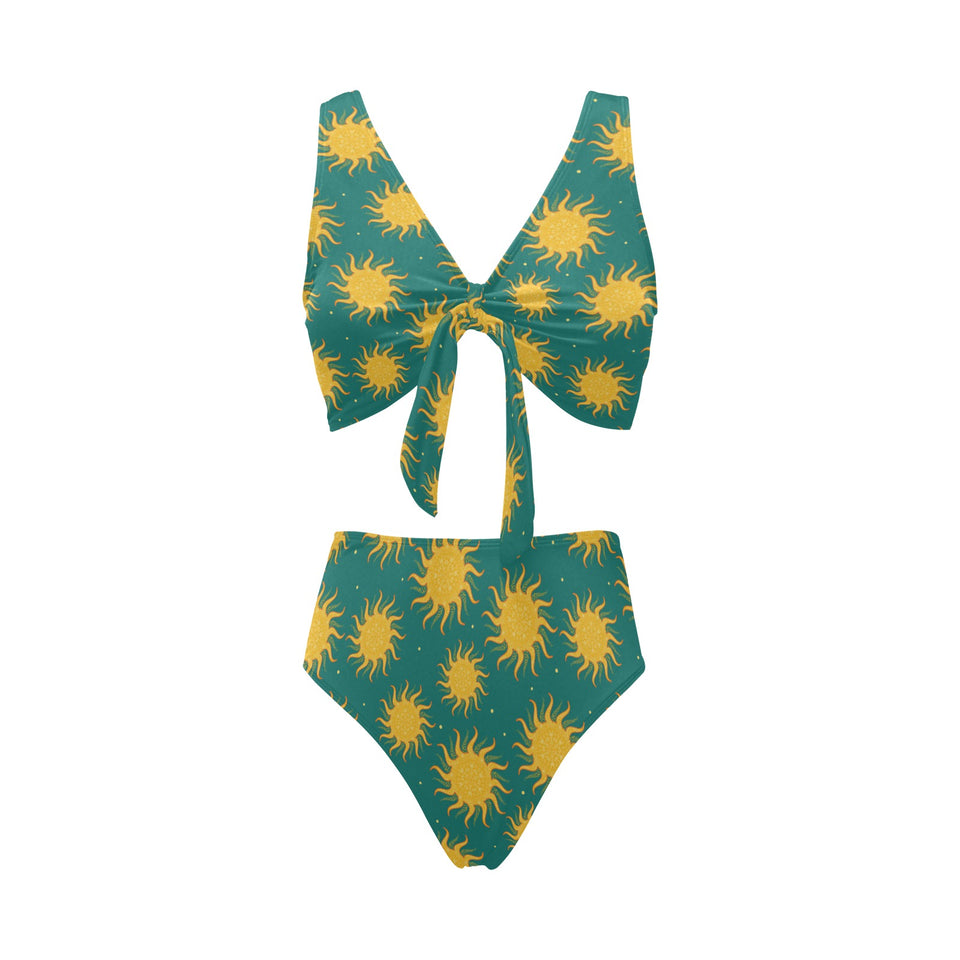 Sun green background Chest Bowknot High Waisted Bikini Swimsuit