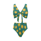 Sun green background Chest Bowknot High Waisted Bikini Swimsuit